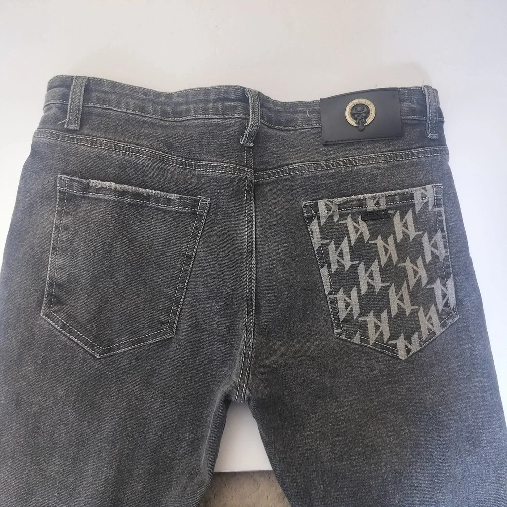 Fendi Roma Mens‎ Distressed Slim Fit Jeans Faded Black Monogram Pocket Italy